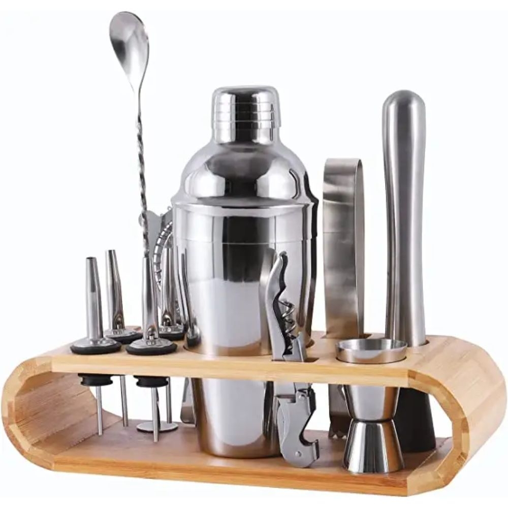 Kit Bartender Woodline com Coqueteleira Aço Inox 550ml com Suporte de Bambu para Drinks Cocktails Ca